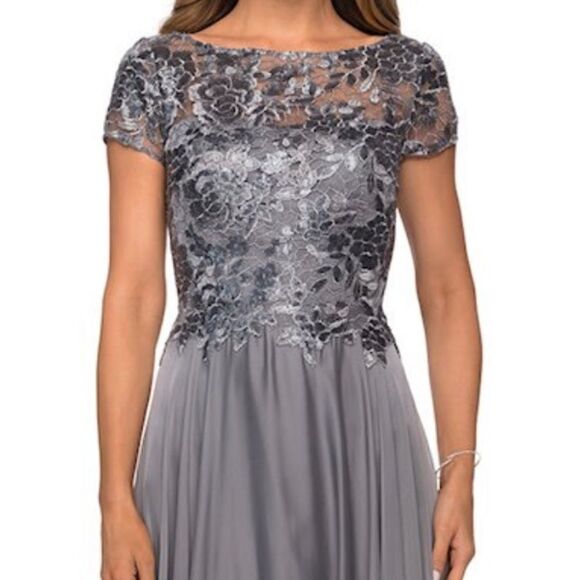 LA Femme Platinum Lace & Chiffon Prom Gown Size 8 NWT - Picture 7 of 11
